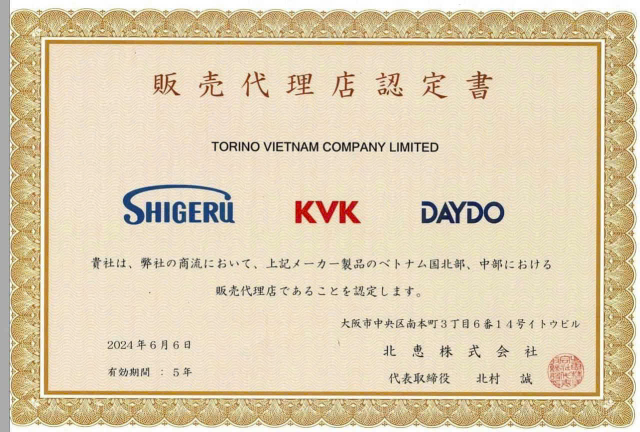 Chứng nhận nhà phân phối sản phẩm của Shigeru - kvk và daydo